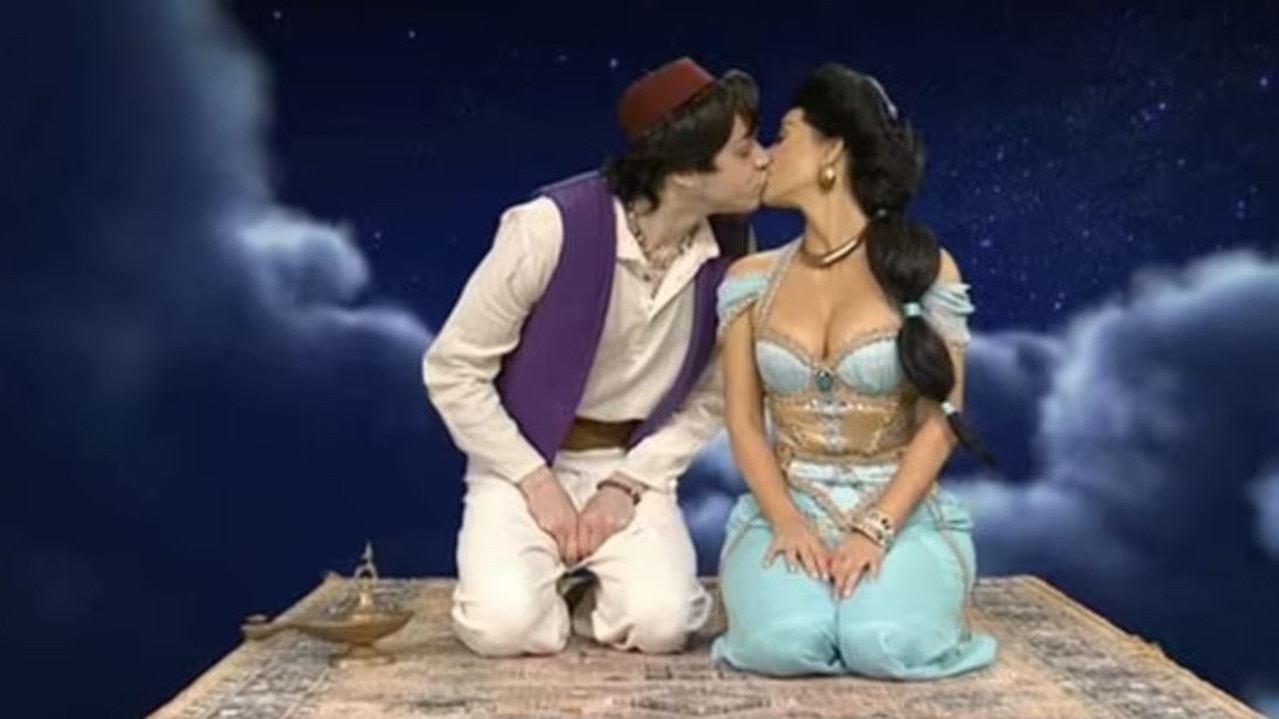 Pete Davidson and Kim Kardashian kiss during an SNL skit last year – they started dating shortly after. Picture: NBC