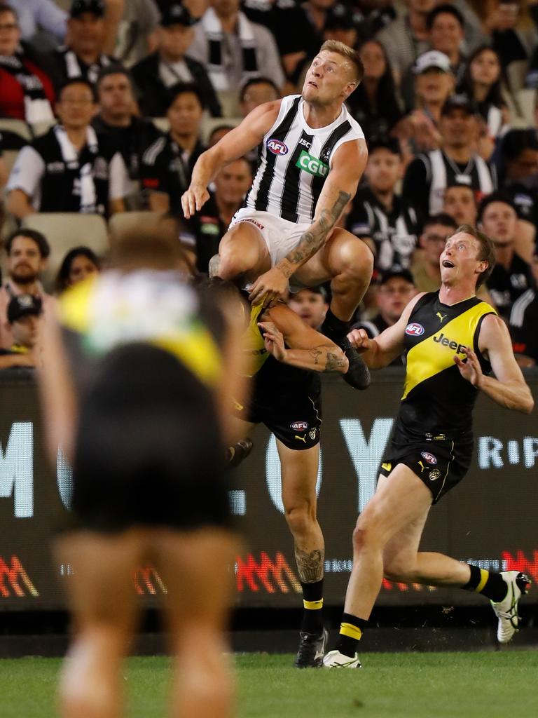 Jordan De Goey soared for the Magpies in the win over Richmond. Picture: AFL Photos