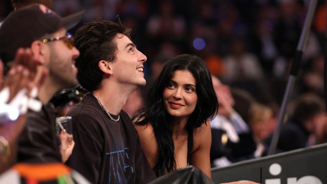 Chalamet and Jenner sit court-side during the first quarter in Game Four of the Eastern Conference Second Round NBA Playoffs between the Boston Celtics and the New York. Picture: Getty.
