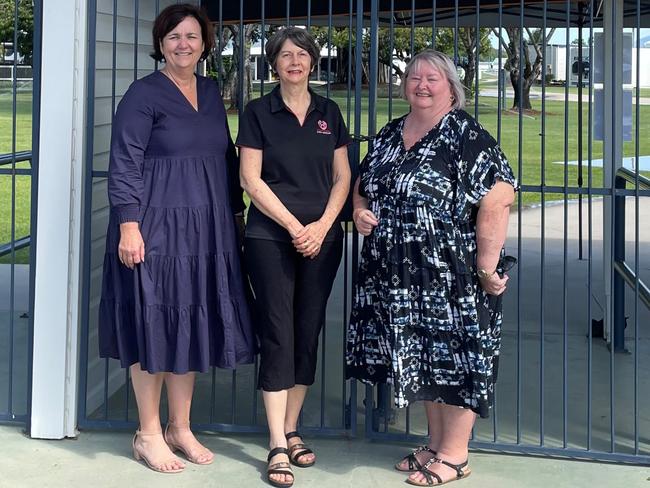 Townsville Turf Club GM Natalie Rintala with VNQ volunteers Carole Hourston and Denise Grainger at their new workplace at Cluden Park. Picture: Supplied.