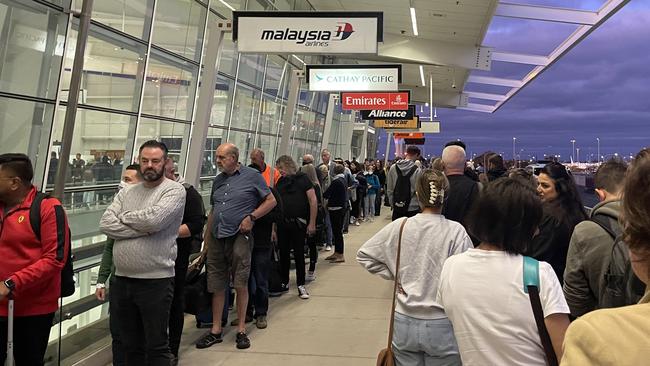 Long queues at Adelaide Airport this morning. Picture: Douglas Westley