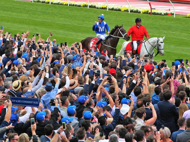 Winx ridden by Hugh Bowman after winning the Cox Plate, 27 October 2018. Picture by Ron Wells.