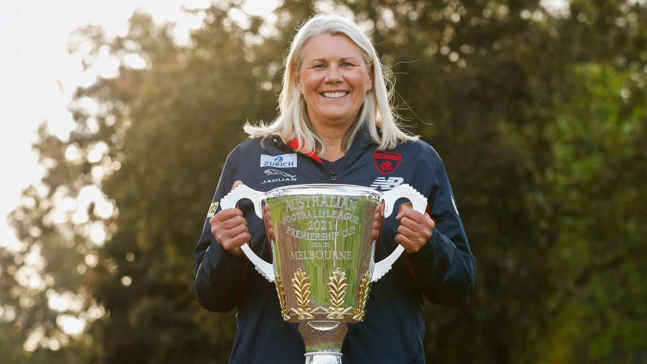 Kate Roffey holds the Dees’ premiership cup. Picture: Getty Images