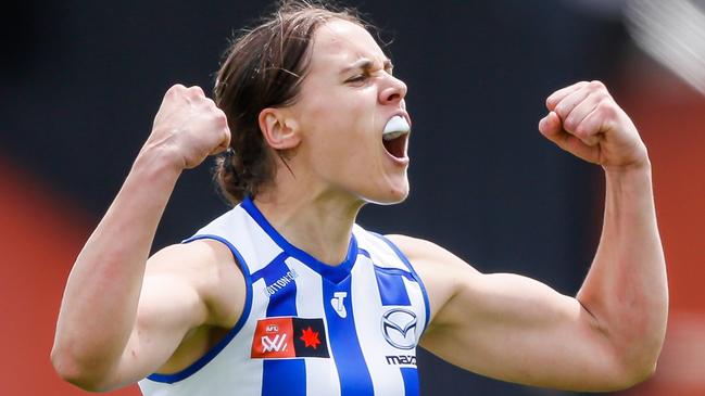 MELBOURNE, AUSTRALIA - NOVEMBER 12: Jasmine Garner of the Kangaroos celebrates a goal during the 2022 S7 AFLW First Semi Final match between the Richmond Tigers and the North Melbourne Kangaroos at Swinburne Centre on November 12, 2022 in Melbourne, Australia. (Photo by Dylan Burns/AFL Photos via Getty Images)