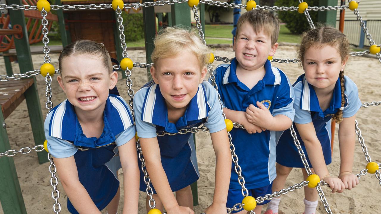 MY FIRST YEAR 2024: Emu Creek State School Prep students Madison, Marnie, Noah and Lena, Thursday, February 15, 2024. Picture: Kevin Farmer