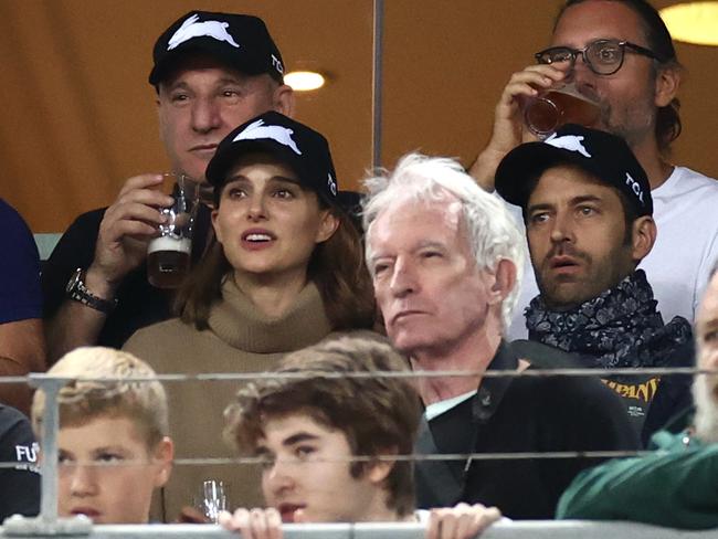 Natalie Portman AND Benjamin Millepied watch a match between the South Sydney Rabbitohs and the Sydney Roosters in 2021 in Sydney. Picture: Getty Images