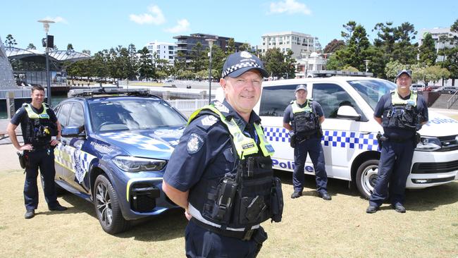 Geelong police will keep a close eye over the CBD during New Year’s Eve celebrations. with (L-R) Senior Constable Aaron De Graaff (Highway Patrol), Senior Sergeant Craig Stephens, Senior Constable Mark Arnold and Senior Constable Mat Byron. Picture: Mark Wilson