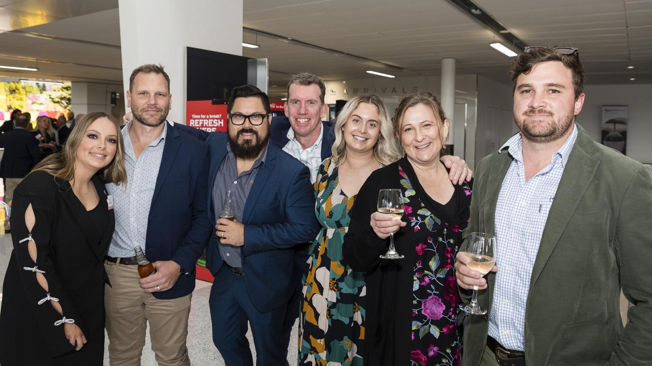 At It's A Bloke Thing 2023 are (from left) Christina Callaghan, Rod Lord, Bryant Metzroth, Tim O'Neill, Teagan Cook, Robyn Howlett and Liam Harms of NRG Services at Wellcamp Airport, Friday, August 18, 2023. Picture: Kevin Farmer