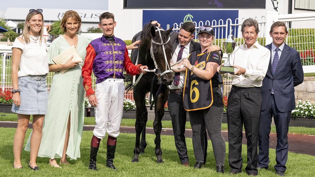 John Warren (second right) after Chalk Stream’s win in the Australia Day Cup. Picture: Ashlea Brennan Photography