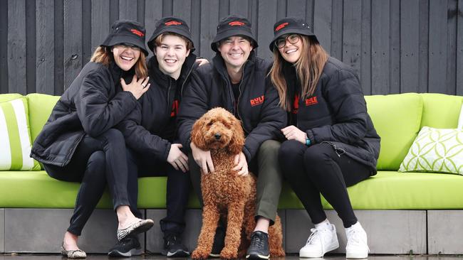 Tennis great Todd Woodbridge and his family, Tash, Beau, Todd, Zara and their dog, Millie. Picture: Rebecca Michael