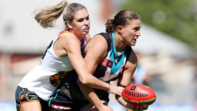 Abbey Dowrick was crowned Port Adelaide’s AFLW best-and-fairest on Friday night. Picture: Sarah Reed/AFL Photos