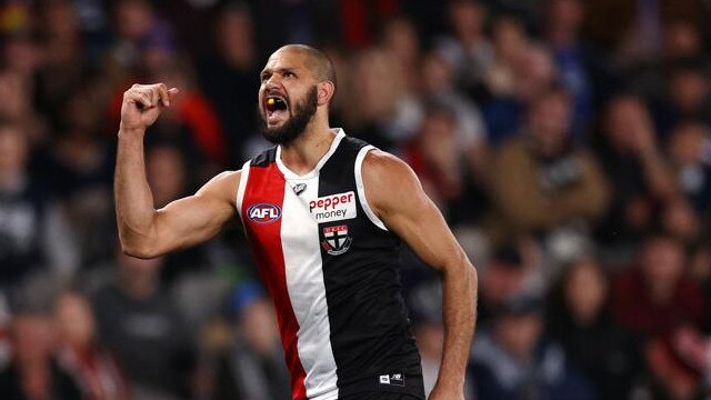 MELBOURNE. 14/05/2022..  AFL Round 9.   St Kilda vs Geelong at Marvel Stadium, Docklands.  Paddy Ryder of the Saints celebrates a 4th quarter goal   . Photo by Michael Klein