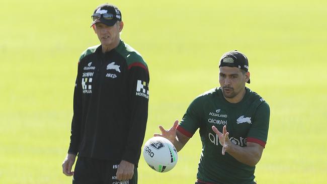 Rabbitohs head coach Wayne Bennett watches Cody Walker at training.