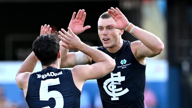 Patrick Cripps celebrates an early goal against Gold Coast. Picture: Bradley Kanaris/Getty Images)