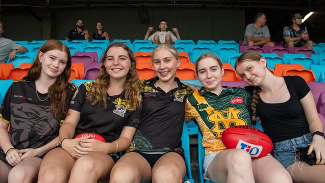 Tayah Miller, Lily Childs, Laura Hennssen, Mia Gilbert and Cassia Papworth at the NTFL Buffaloes' vs the Essendon Bombers, TIO Darwin. Picture: Pema Tamang Pakhrin