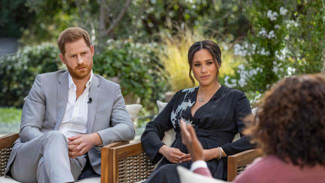 Prince Harry and Meghan, Duchess of Sussex with Oprah Winfrey. Picture: Joe Pugliese / Harpo Productions / AFP