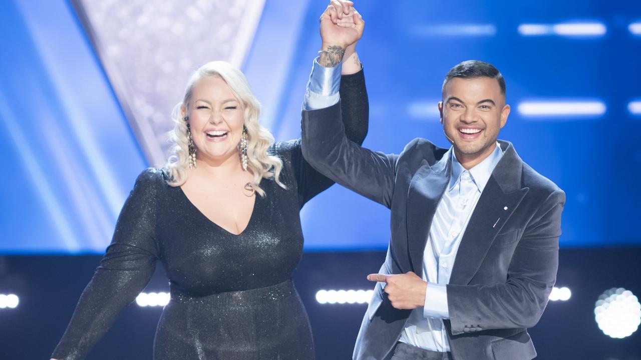 Guy Sebastian later became a reality singing show judge and currently appears on Channel 7’s The Voice. He is pictured with 2021 winner Bella Taylor-Smith.