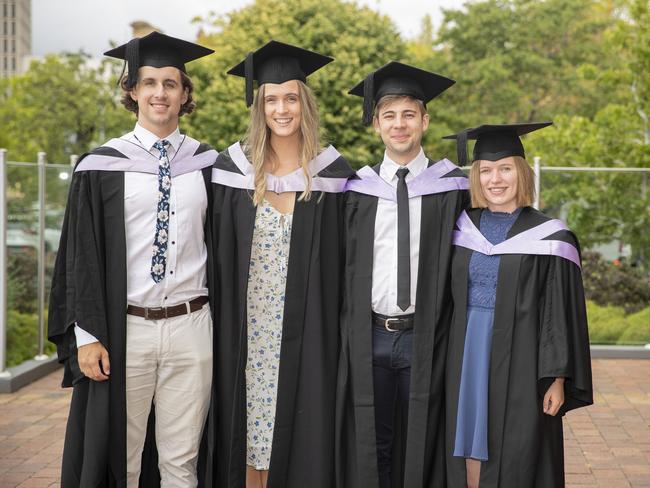 Schyler Walker, Ellie Wivell, Declan Hilder and Elif Stoneman. UTAS graduations. School of College of Health and Medicine Graduate Research. Picture: RICHARD JUPE