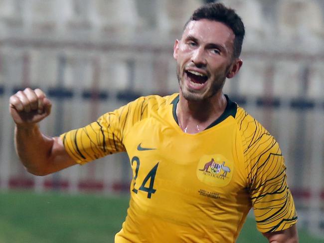 Australia's Apostolos Giannou celebrates scoring against Kuwait in October. Picture: AFP