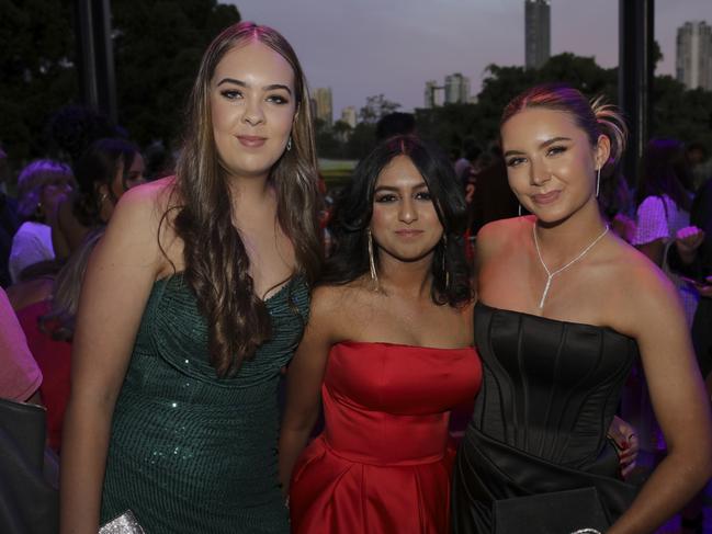 Clarie Gill, Adrianna Gazi and Kaitlin Bellamy at the Coomera Anglican College Formal at HOTA. Picture: Marcelo Lang.