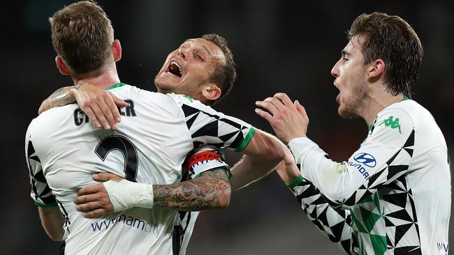 United will be hoping to see more celebrations like this between Aaron Calver and Alessandro Diamanti. Picture: Getty Images