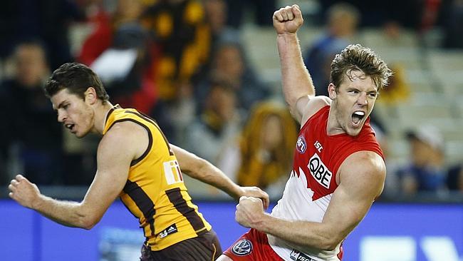 Luke Parker celebrates a goal against Hawthorn. Picture: Michael Klein