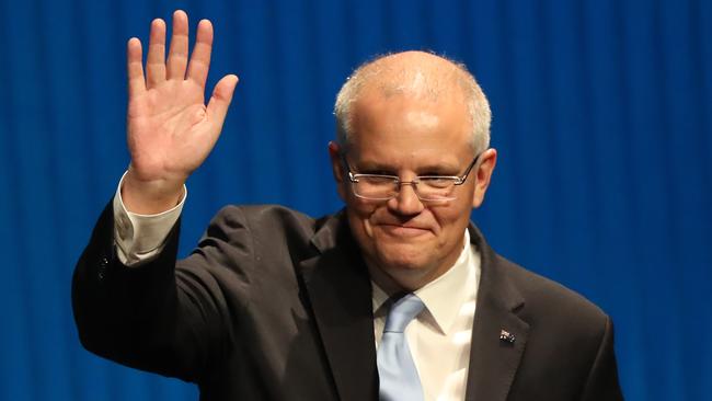 Scott Morrison at the Liberal campaign launch at the Melbourne Convention Centre, yesterday. Picture: Alex Coppel. 