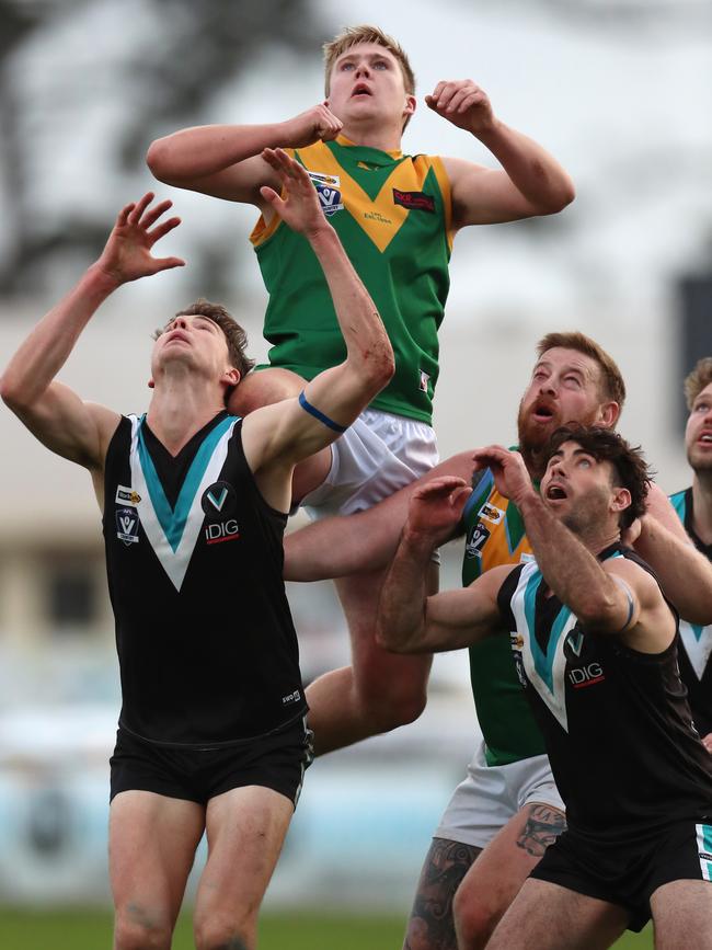 Leongatha’s Jenson Garnham finished one behind Bairnsdale’s Brayden McCarrey in the battle for leading goalkicker in the Gippsland league. Picture: Yuri Kouzmin