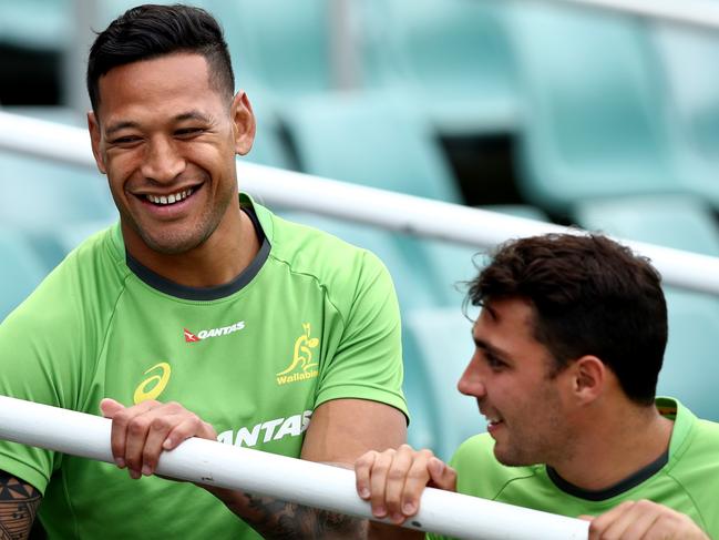 Israel Folau and Nick Phipps get ready for a Wallabies training session at Allianz Stadium, Moore Park in 2016. Picture: Gregg Porteous