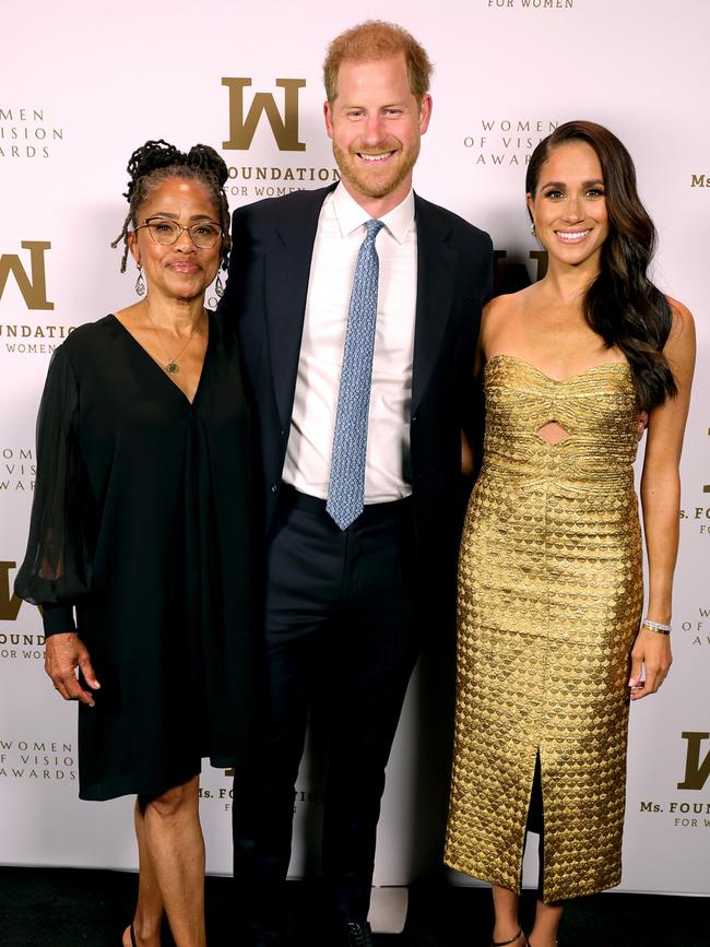 Doria Ragland, Prince Harry and Meghan, Duchess of Sussex. Picture: Kevin Mazur/Getty Images Ms. Foundation for Women