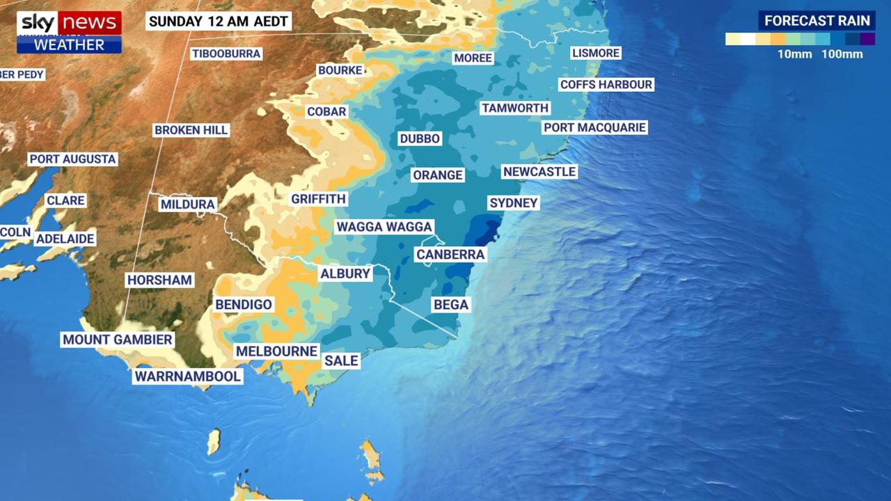 Up to 200mm of rain could fall in the coming days with southern NSW the epicentre. Picture: Sky News Weather