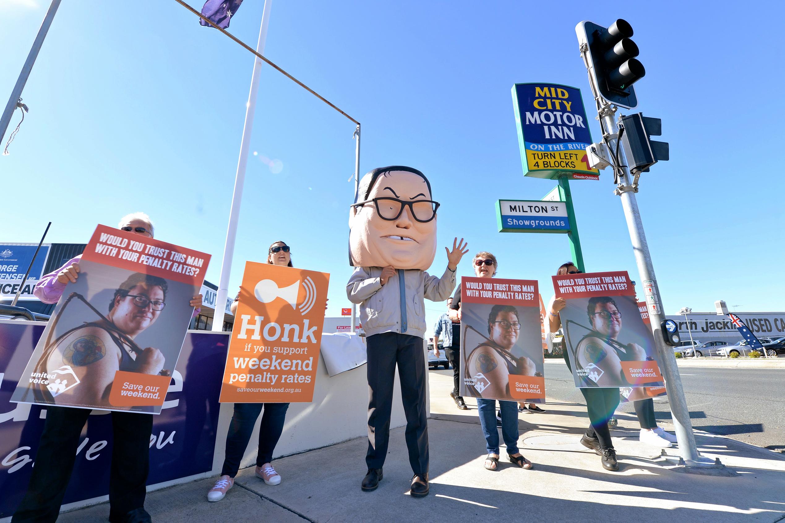 United Voice protesting for penalty rates at MP for Dawson George Christensen office in Mackay. Picture: Stuart Quinn