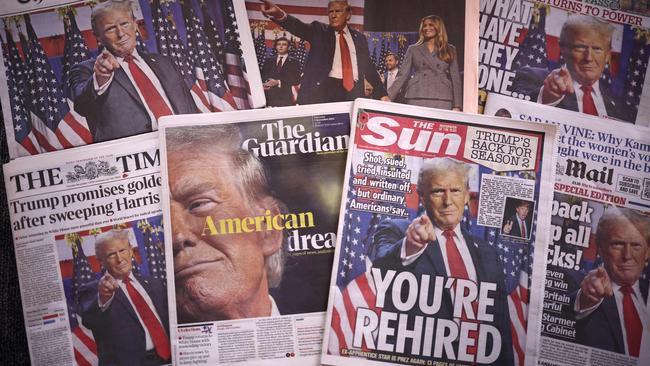 A picture taken in London on November 7, 2024, shows the front pages of some of Britain's national newspapers about the re-election of US President-elect Donald Trump. Picture: HENRY NICHOLLS / AFP