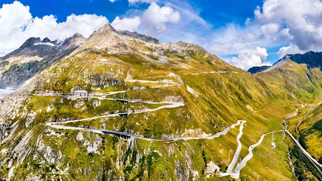 The Rhone Glacier and zig-zag road to Furka Pass in the Swiss Alps.