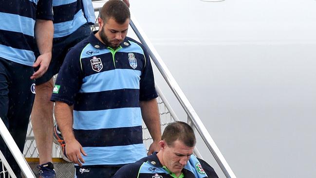 Wade Graham and Paul Gallen at Coffs Harbour airport after arriving with the NSW Blues Origin team. Picture: Gregg Porteous