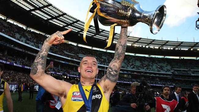 Dustin Martin with the 2017 premiership cup. Picture: Phil Hillyard