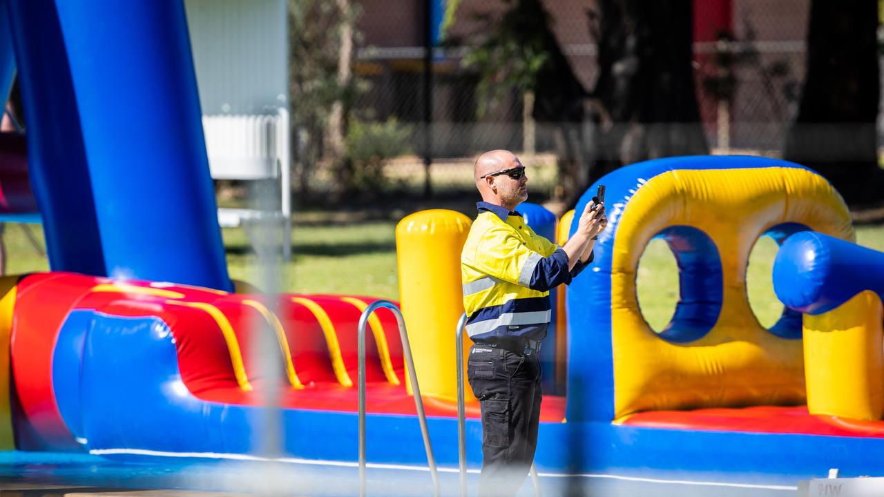 SA Police confirmed the boy, 9, was pulled unconscious from the Waikerie Pool on Saturday and tragically died despite attempts to revive him. SafeWork SA staff were seen assessing the pool site at the weekend after the tragedy. Picture: Tom Huntley