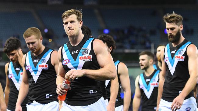 Tom Jonas leads Port Adelaide off Marvel Stadium on the weekend. Picture: Quinn Rooney (Getty).