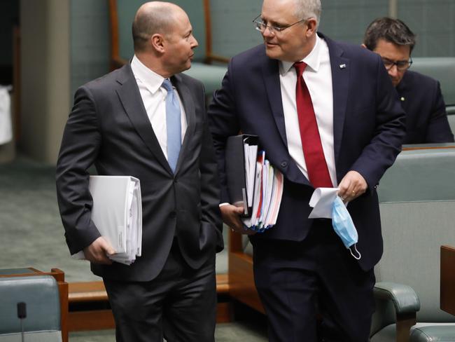 Josh Frydenberg and Scott Morrison in Parliament House last week. Picture: Sean Davey.