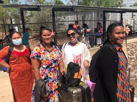 Skilled workers from Samoa leave quarantine at Howard Springs before heading to jobs across the Territory. Picture: Glenn Campbell