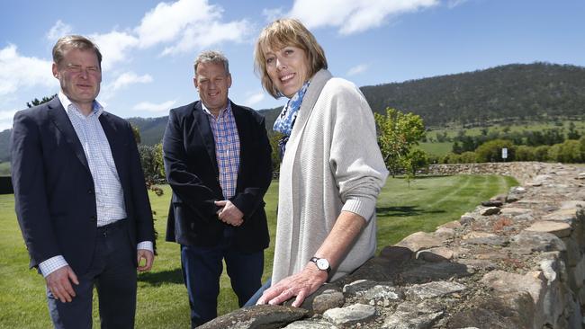 University Vice-Chancellor Professor Peter Rathjen, left, Blundstones CEO Steve Gunn and university college principle Prof Janelle Allison launch the new associate degrees in agribusiness. Picture: KIM EISZELE