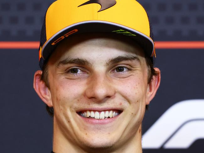 BARCELONA, SPAIN - MAY 31: Pole position qualifier Oscar Piastri of Australia and McLaren in the Drivers Press Conference during qualifying ahead of the F1 Grand Prix of Spain at Circuit de Barcelona-Catalunya on May 31, 2025 in Barcelona, Spain. (Photo by Clive Rose/Getty Images)