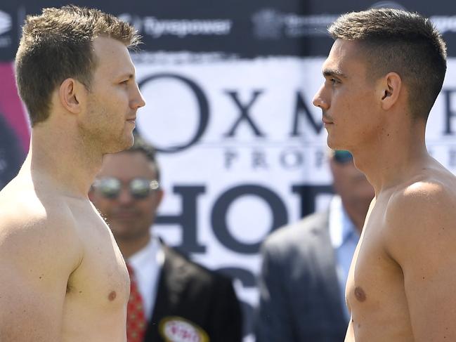 TOWNSVILLE, AUSTRALIA - AUGUST 25: Jeff Horn and Tim Tszyu face off during the weigh-in for their WBO Global & IBF Australasian Super Welterweight title bout, at The Ville Casino on August 25, 2020 in Townsville, Australia. (Photo by Ian Hitchcock/Getty Images)