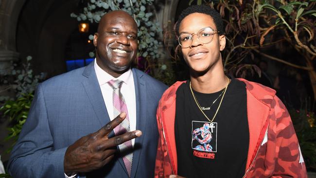 WEST HOLLYWOOD, CA - AUGUST 07: Former NBA player Shaquille O'Neal (L) and son Shareef O'Neal at Apple Music Launch Party Carpool Karaoke: The Series with James Corden on August 7, 2017 in West Hollywood, California. (Photo by Emma McIntyre/Getty Images for Apple)