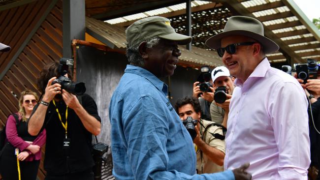 Prime Minister Anthony Albanese meets with Djawa Yunupingu on day one of Garma Festival on Friday. Picture: Zizi Averill