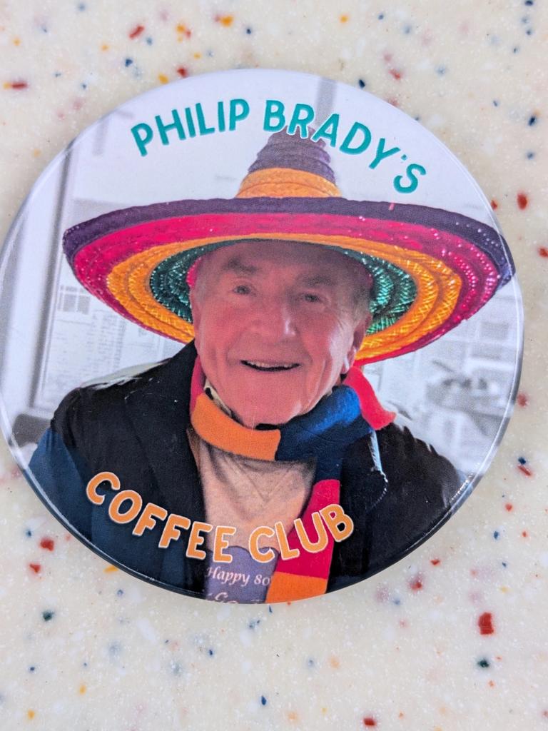 Philip Brady, before he died from his battle with cancer, hosted exclusive coffee gatherings he titled the Brady Bunch, these are the badges. Picture: LinkedIn