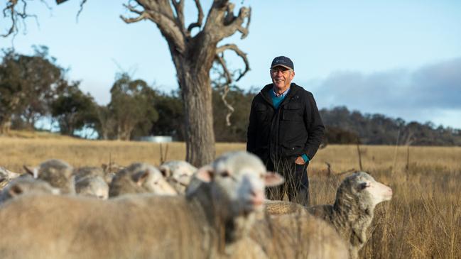 Tim Wright with some Merinos on his property, Lana, at Balala in NSW. Picture: Simon Scott