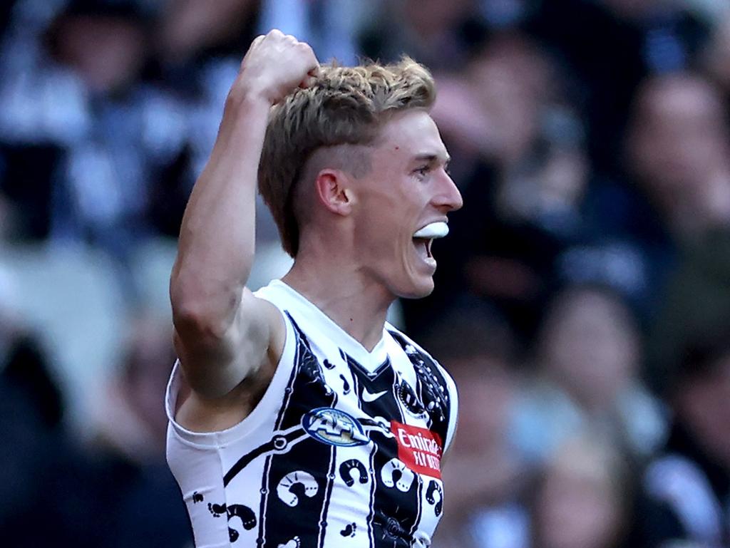 Joe Richards celebrates a goal during the second quarter. Picture: Quinn Rooney/Getty Images