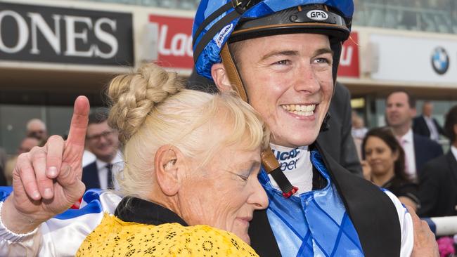 Cranbourne trainer Udyta Clarke with jockey Patrick Moloney after one of Rich Charm’s wins at Caulfield. Picture: Getty Images