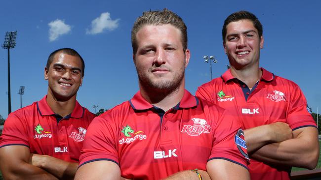 Queensland Reds new Captain James Slipper (middle) and vice-captains Karmichael Hunt and Rob Simmons. Pic Darren England.